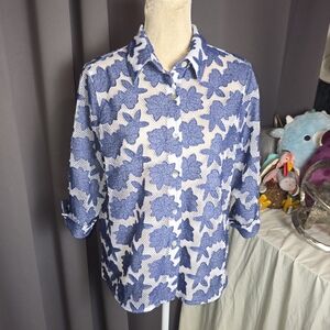 Alfred Dunner Sheer Lace Blouse Women’s Petite Large Blue Floral Button Down
